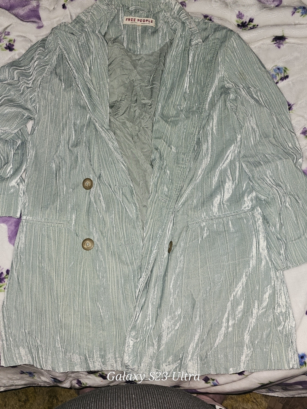 Free People Crinkled Shimmer Mint Green Double-Breasted Blazer